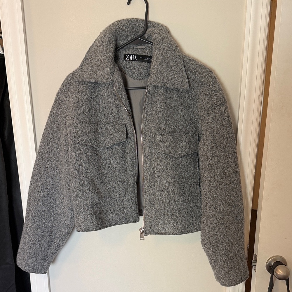 Zara Gray Cropped Wool-Blend Jacket with Zip